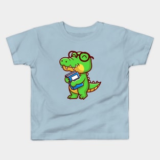 Cute Crocodile Holding Book School Cartoon Kids T-Shirt